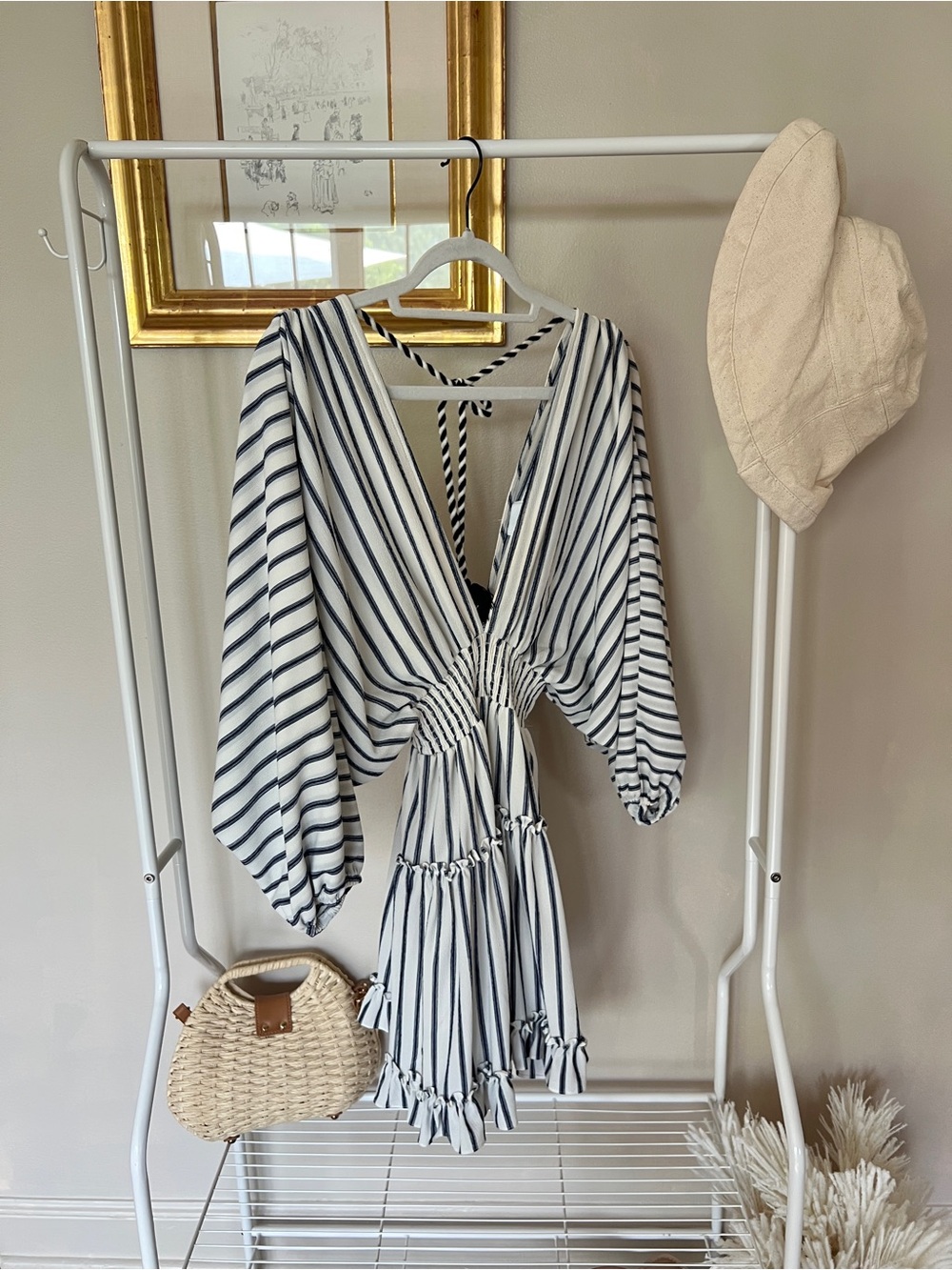 Misa Los Angeles White and Navy Striped V-Neck Tiered Mini Dress